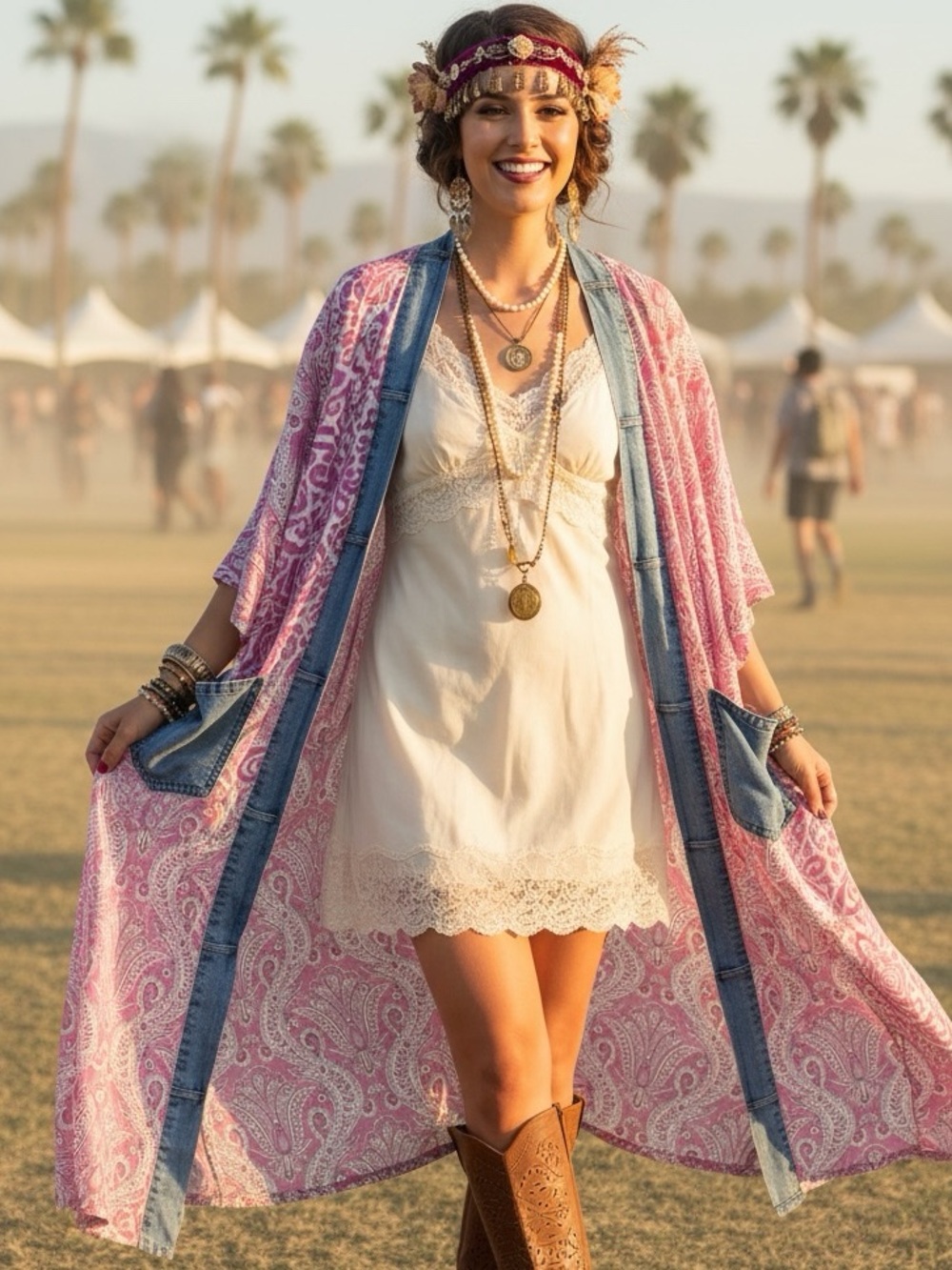 Boho Pink Paisley Kimono Duster Cardigan with Denim Trim